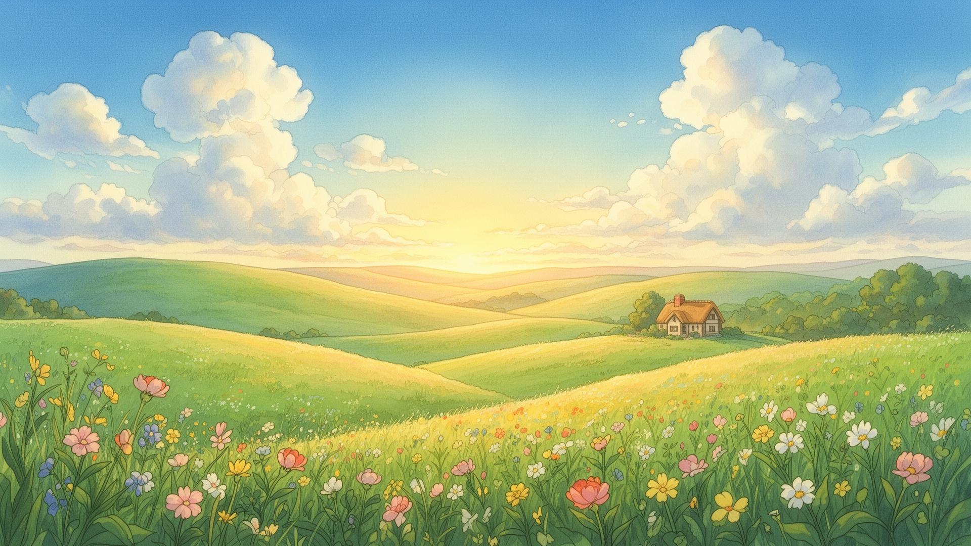 手繪風格的丘陵、花田與暖陽風景